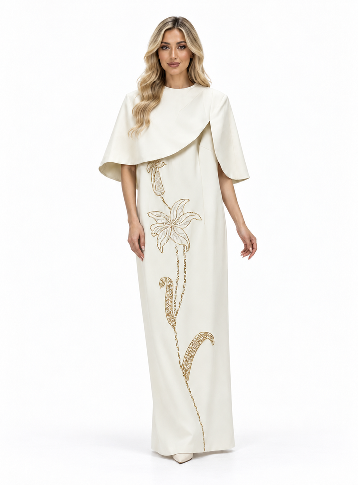 Ivory Embroidered Cape Maxi Dress - Elara