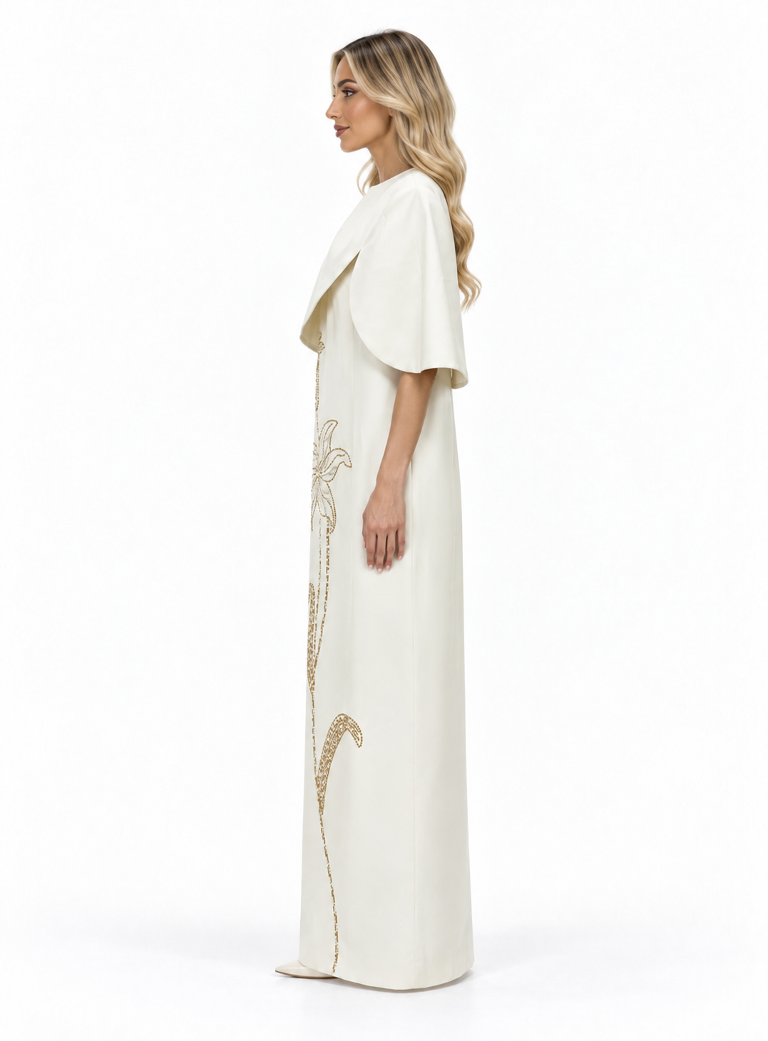 Ivory Embroidered Cape Maxi Dress - Elara
