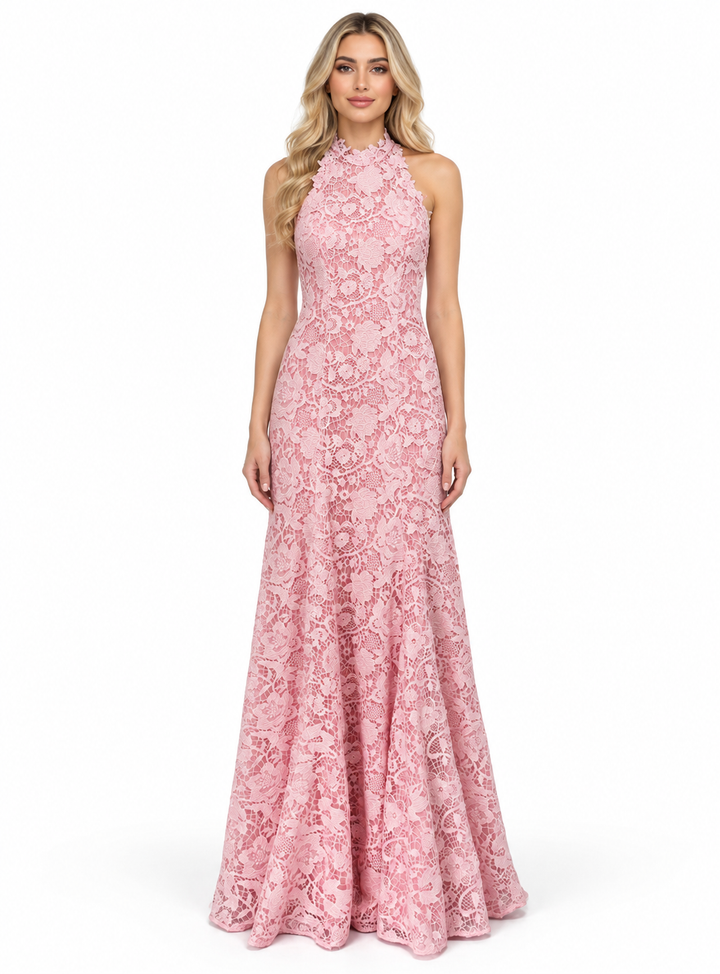 Blush Lace Halter Mermaid Maxi Dress - Rosalie
