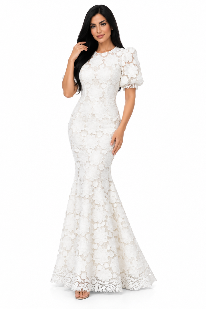 Ivory Floral Lace Mermaid Maxi Dress - Elowen