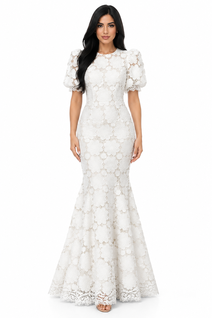 Ivory Floral Lace Mermaid Maxi Dress - Elowen