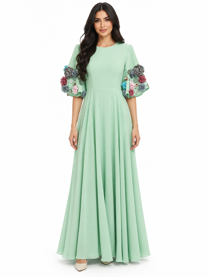 Mint Floral Appliqué Sleeve Maxi Dress - Eliana
