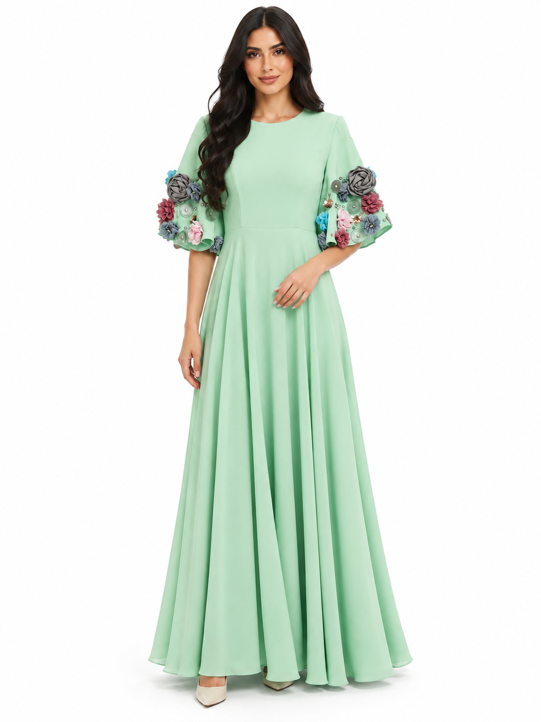 Mint Floral Appliqué Sleeve Maxi Dress - Eliana