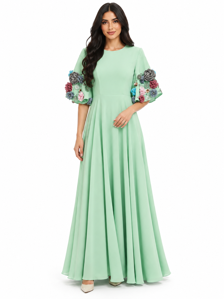 Mint Floral Appliqué Sleeve Maxi Dress - Eliana