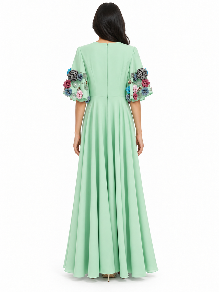 Mint Floral Appliqué Sleeve Maxi Dress - Eliana
