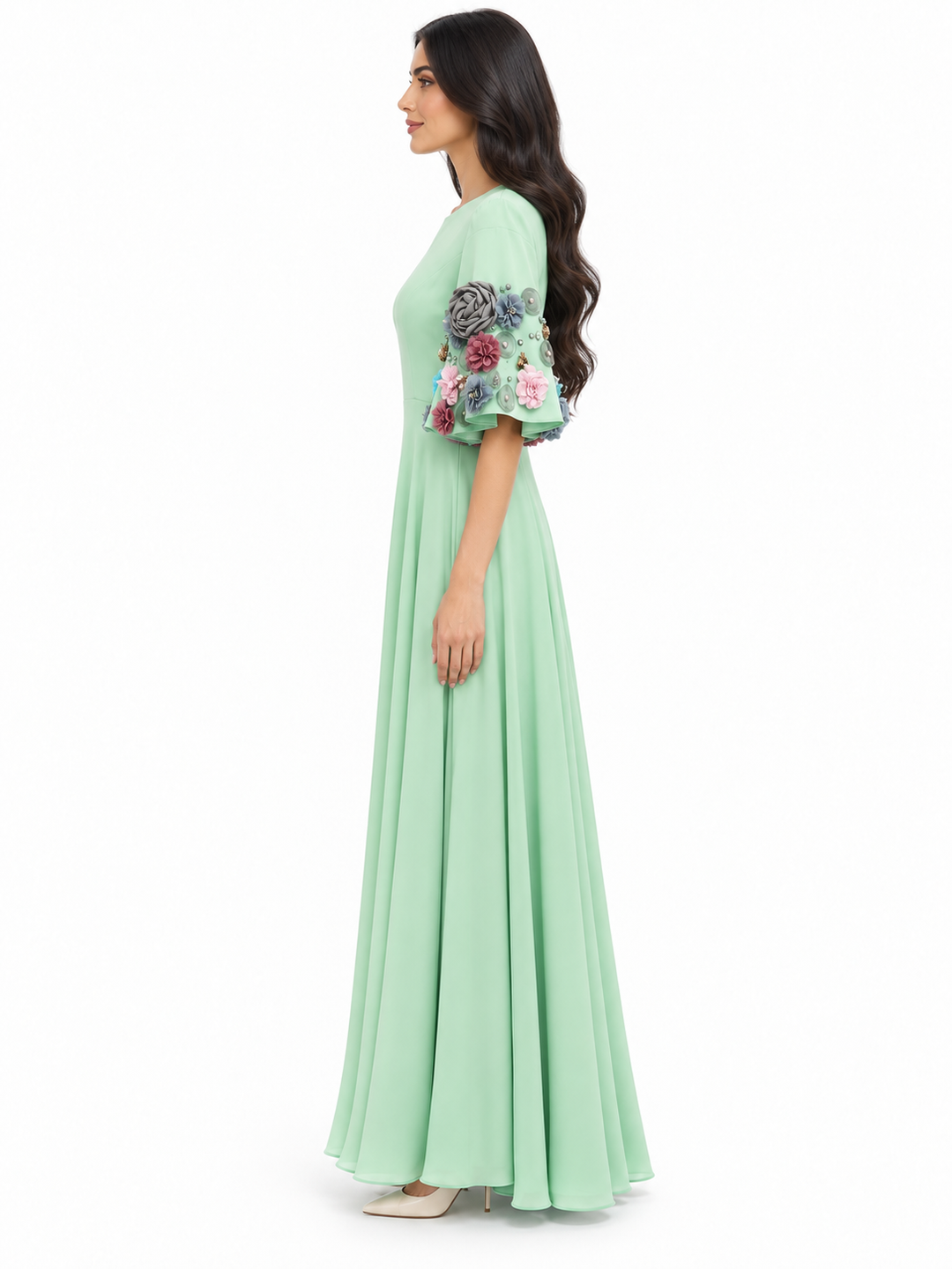 Mint Floral Appliqué Sleeve Maxi Dress - Eliana