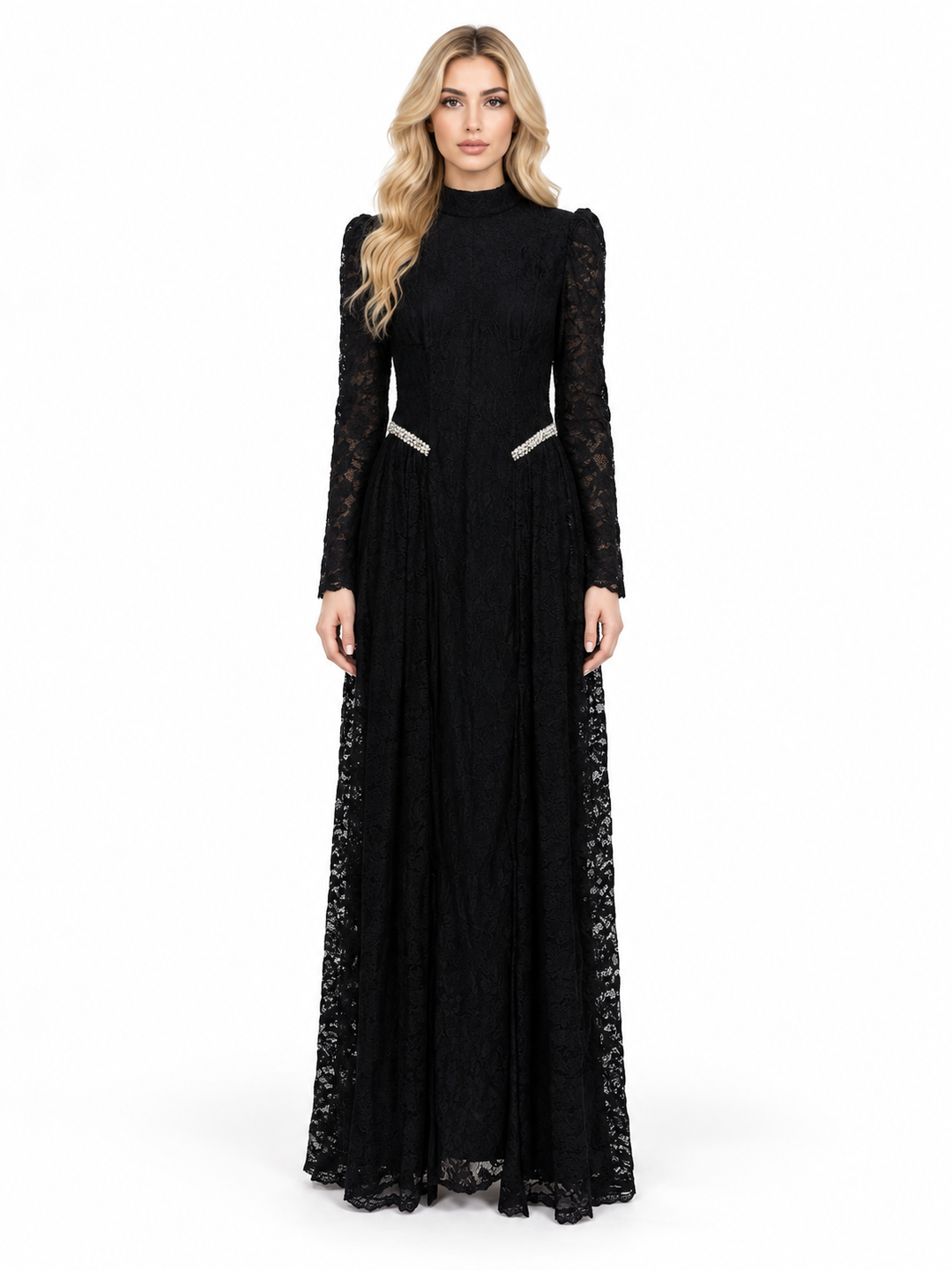 Black Lace Crystal Waist Maxi Dress - Elowen