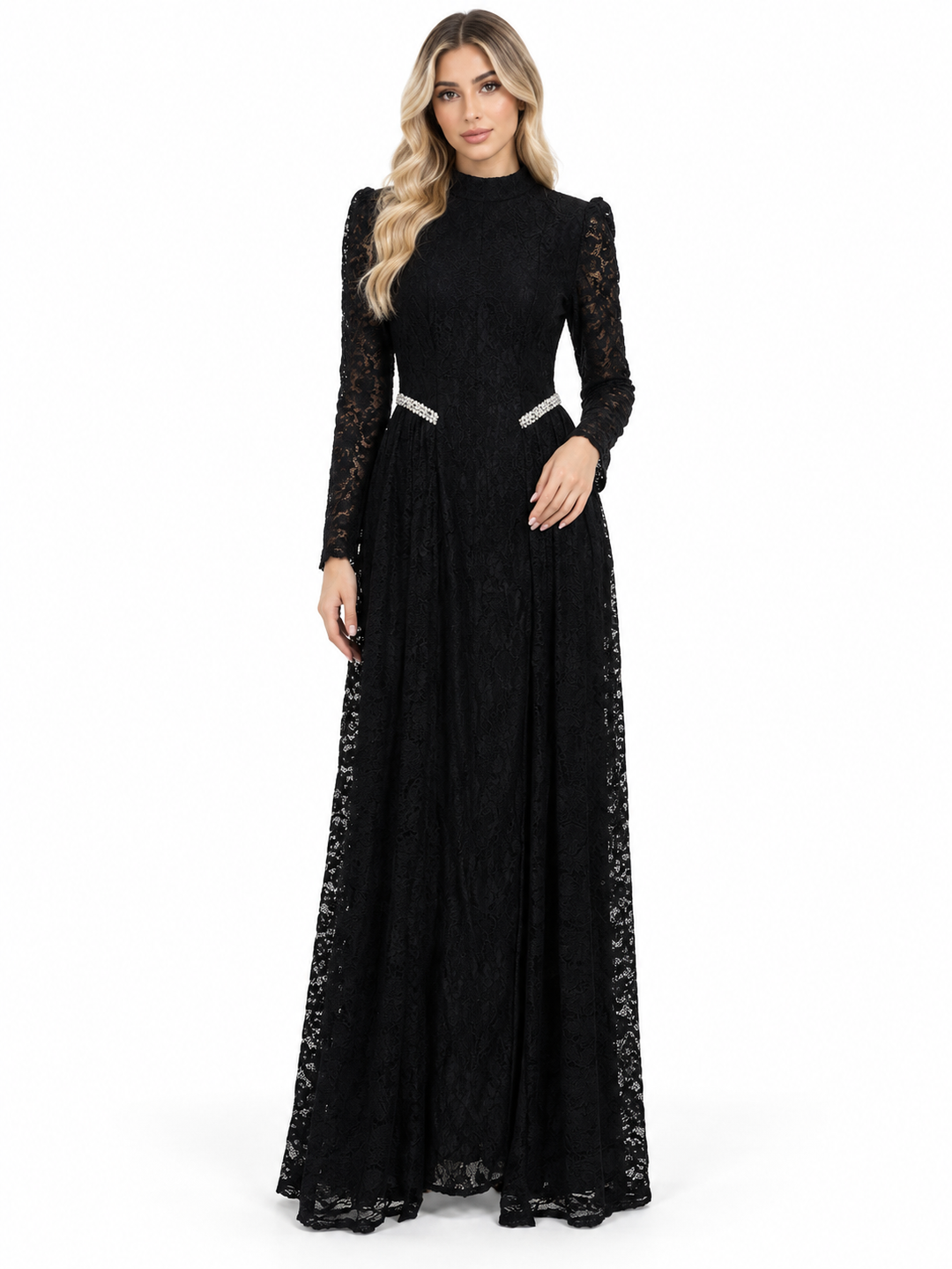Black Lace Crystal Waist Maxi Dress - Elowen