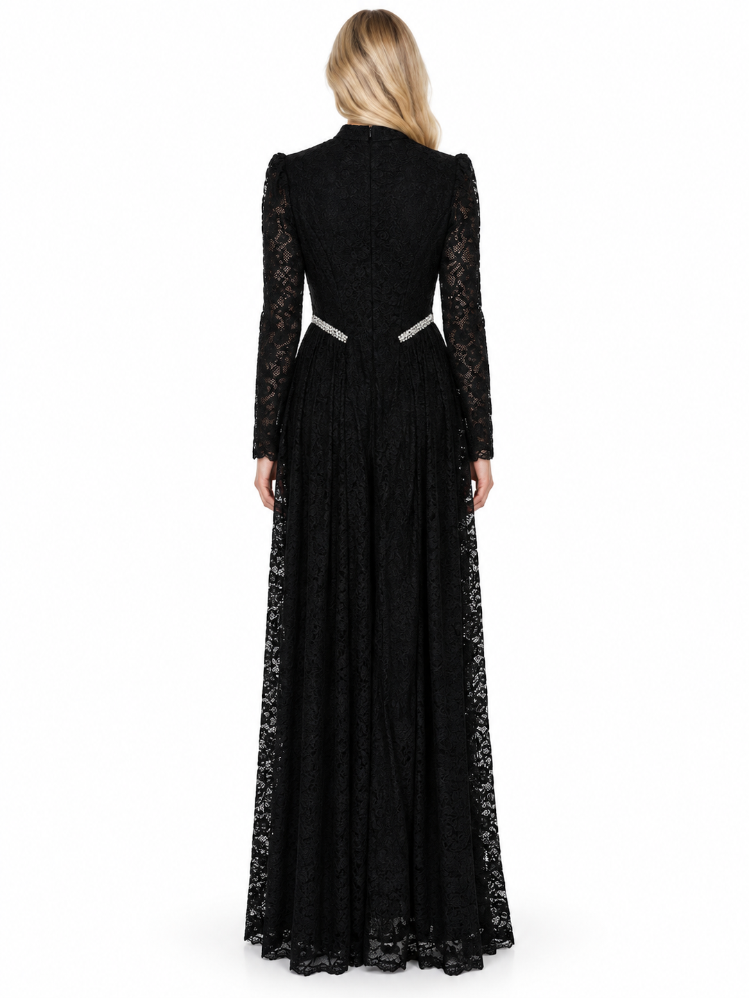 Black Lace Crystal Waist Maxi Dress - Elowen