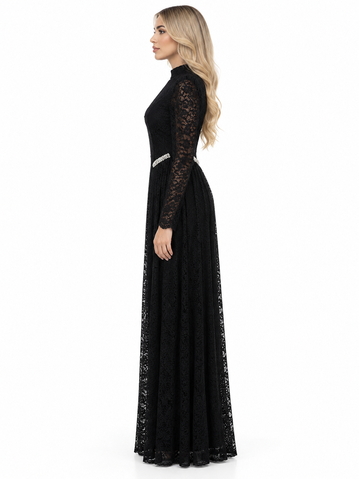 Black Lace Crystal Waist Maxi Dress - Elowen