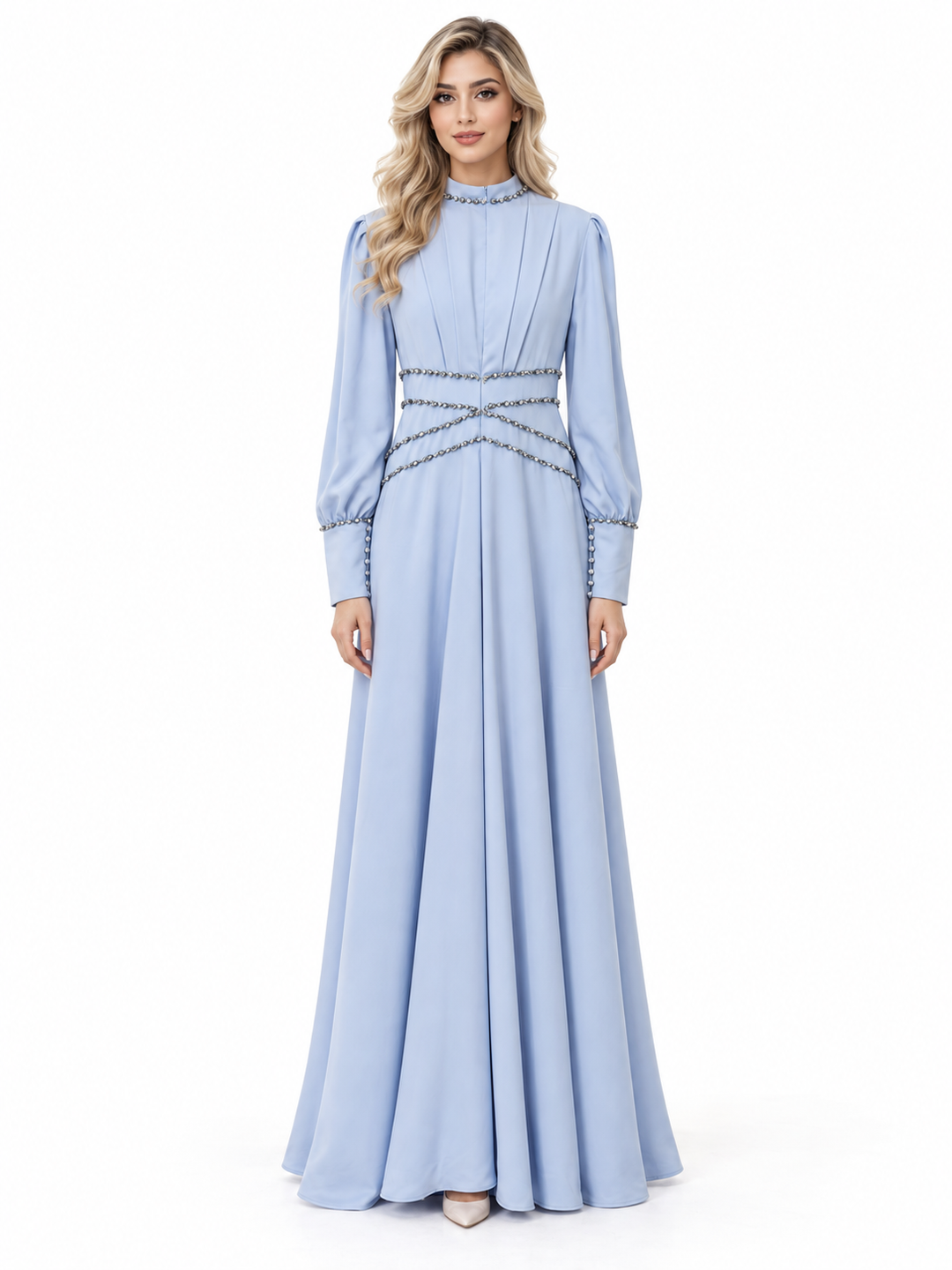Powder Blue Crystal Draped Maxi Dress - Celestia
