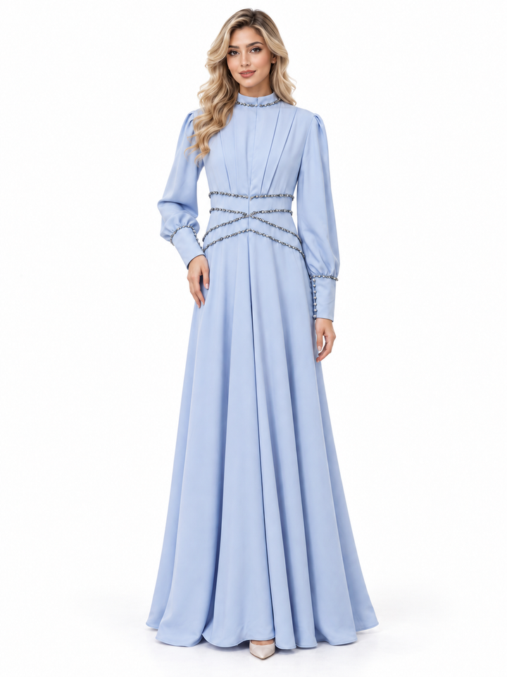 Powder Blue Crystal Draped Maxi Dress - Celestia