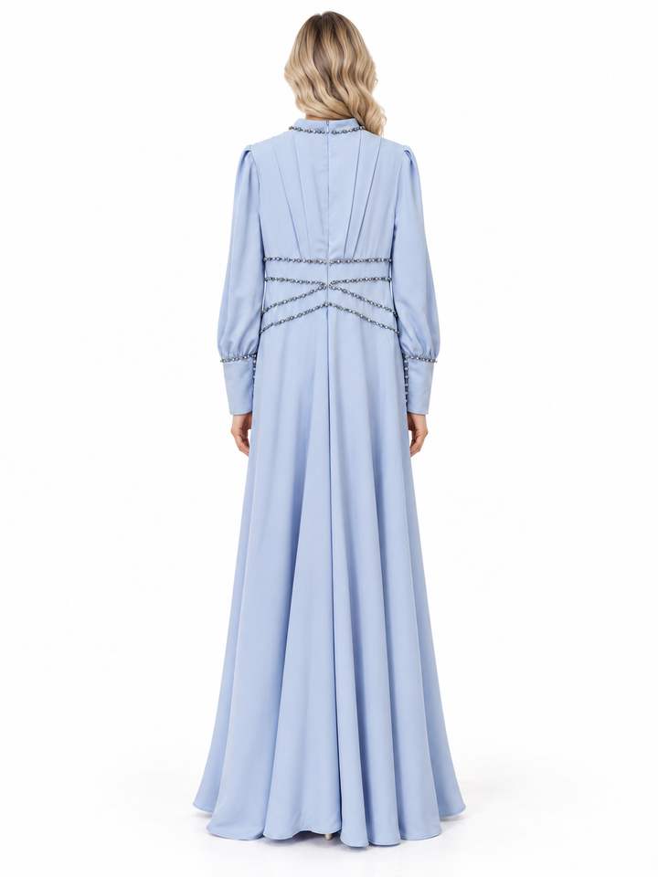 Powder Blue Crystal Draped Maxi Dress - Celestia