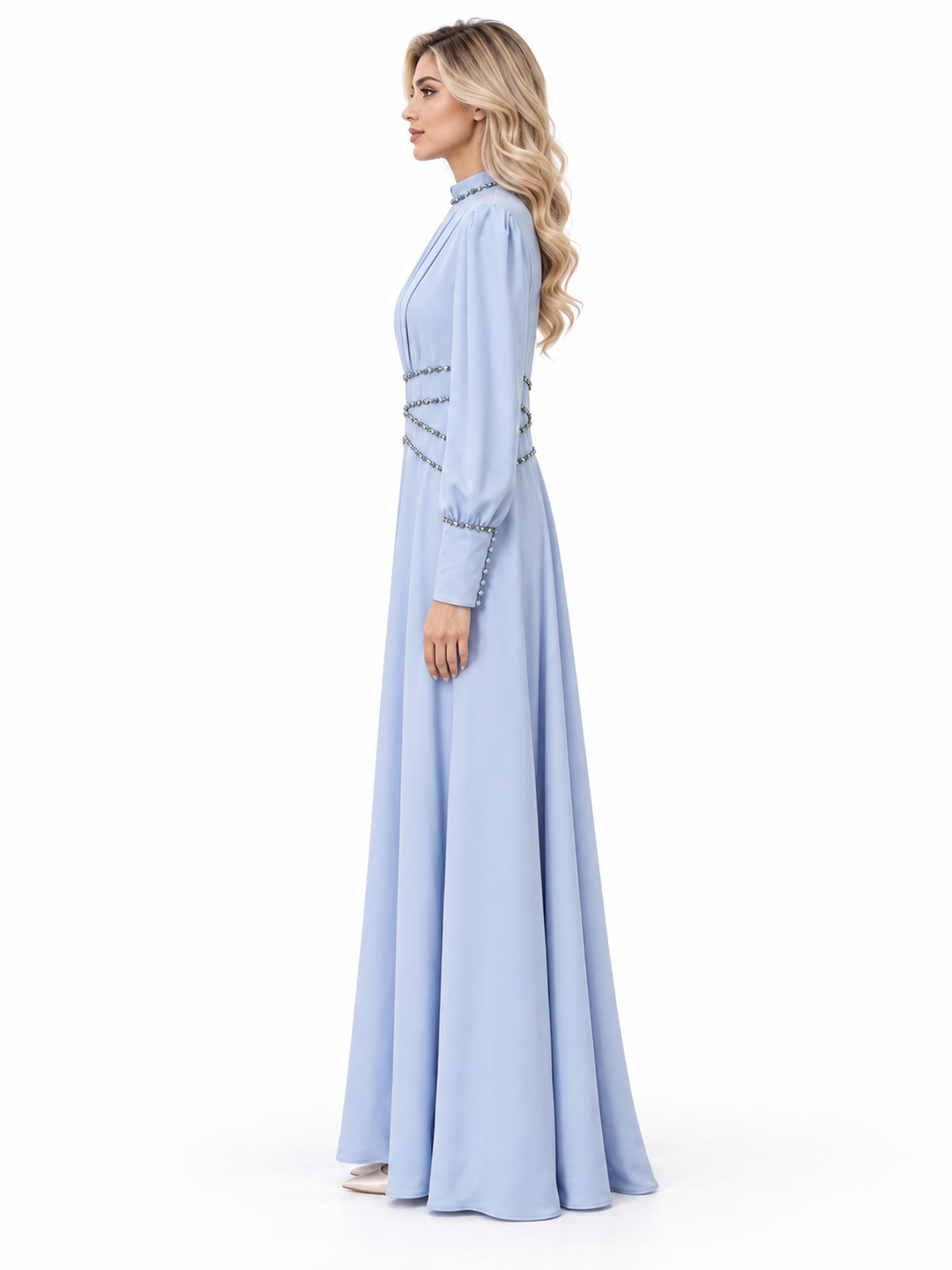 Powder Blue Crystal Draped Maxi Dress - Celestia