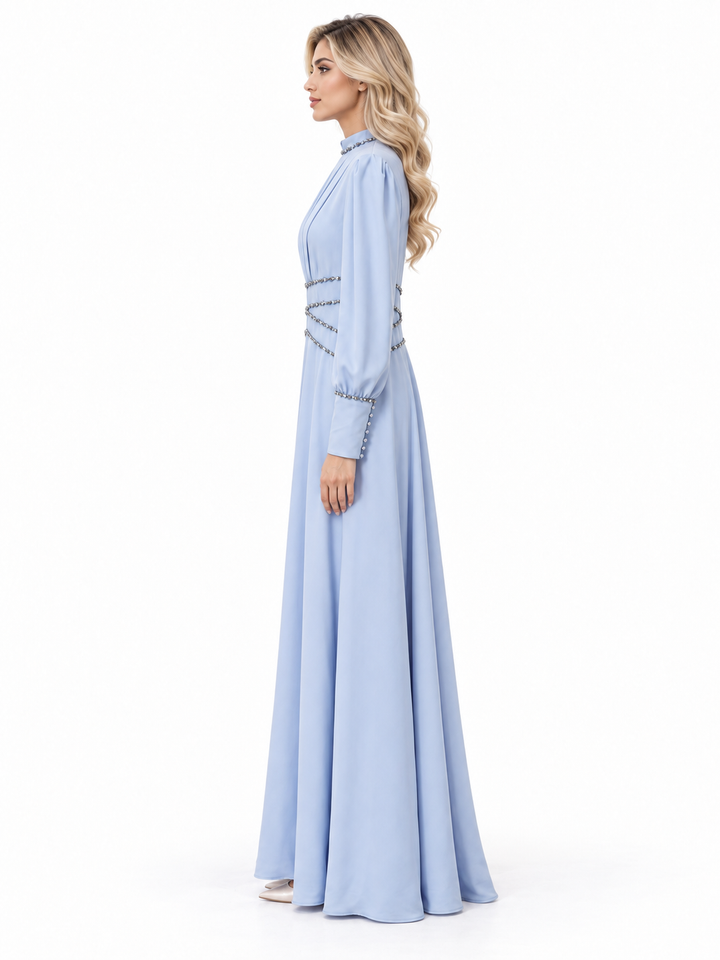 Powder Blue Crystal Draped Maxi Dress - Celestia