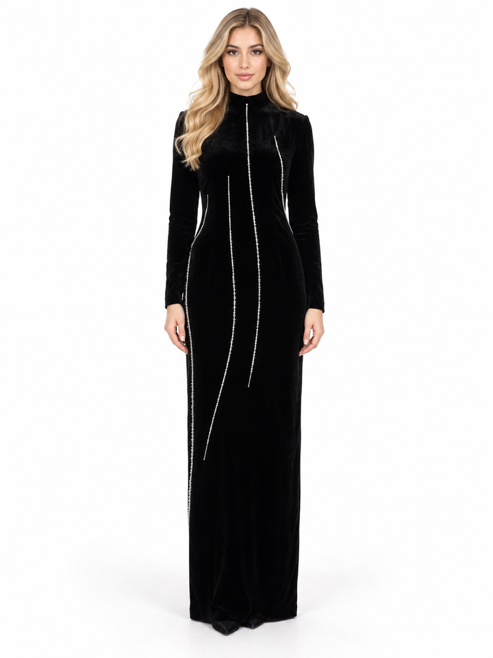 Black Crystal Line High-Neck Maxi Dress - Verona
