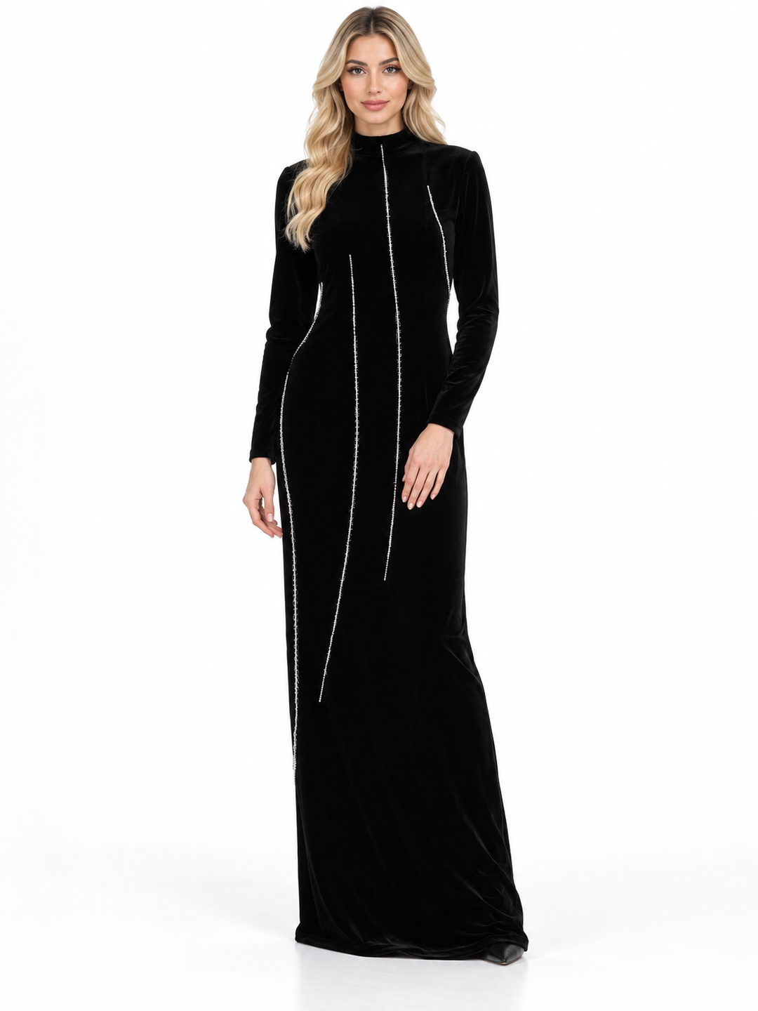 Black Crystal Line High-Neck Maxi Dress - Verona