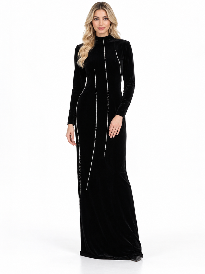 Black Crystal Line High-Neck Maxi Dress - Verona