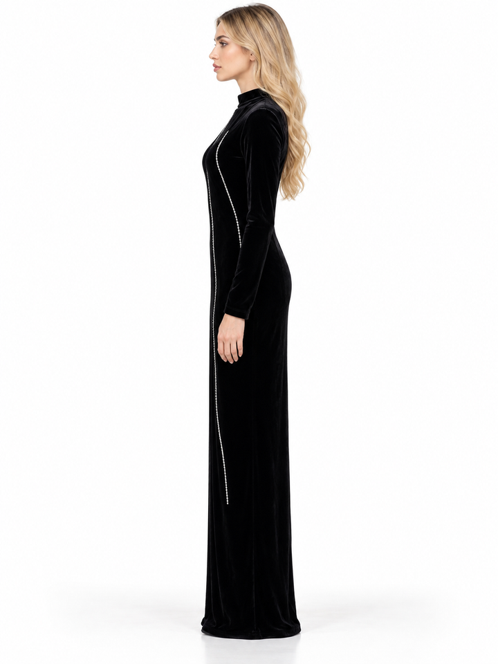 Black Crystal Line High-Neck Maxi Dress - Verona