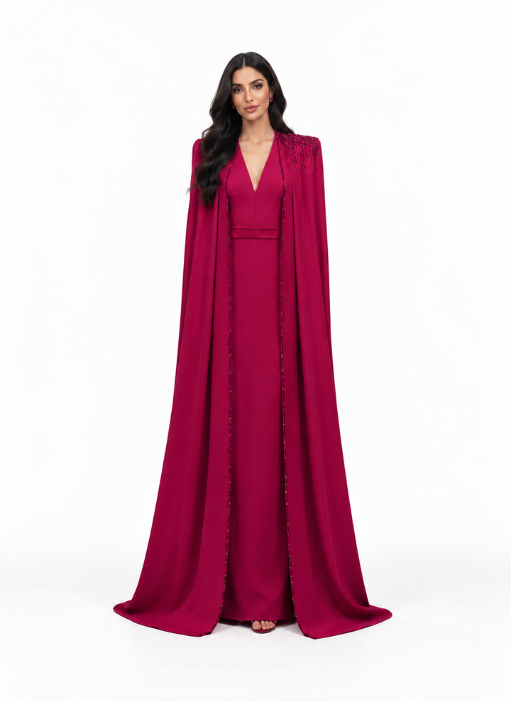 beaded cape gown with plunging neckline – RUBINA