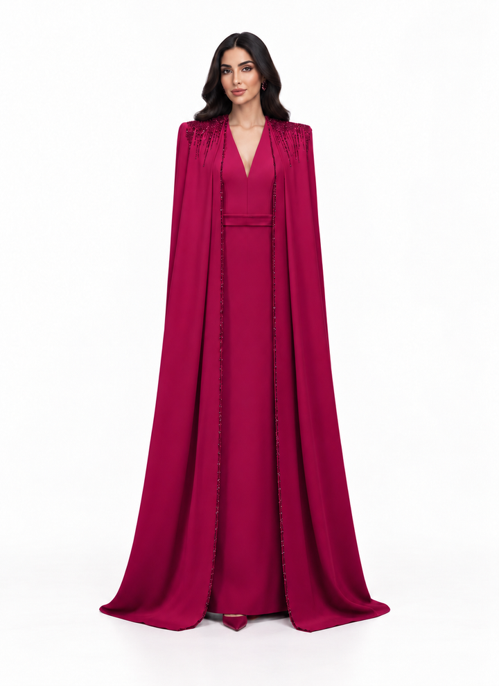 beaded cape gown with plunging neckline – RUBINA