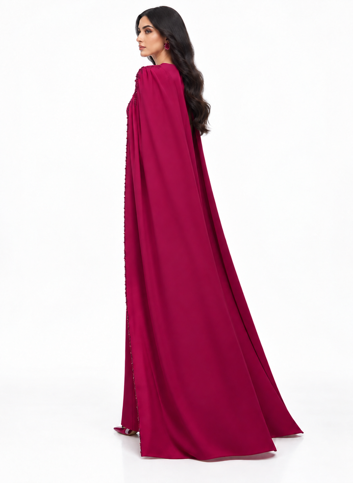 beaded cape gown with plunging neckline – RUBINA