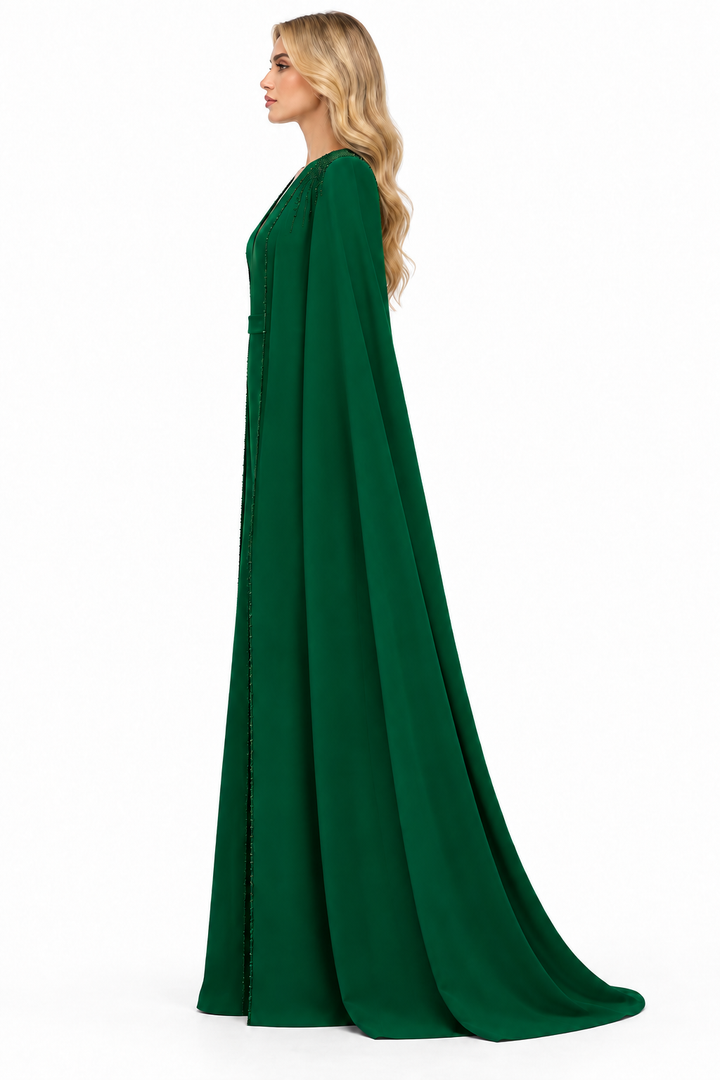 beaded cape gown with plunging neckline – SERAPHINA
