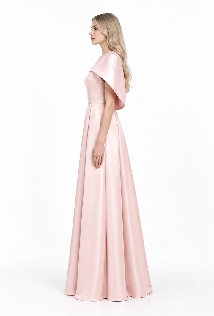 embellished cape gown in blush satin – AURELIA