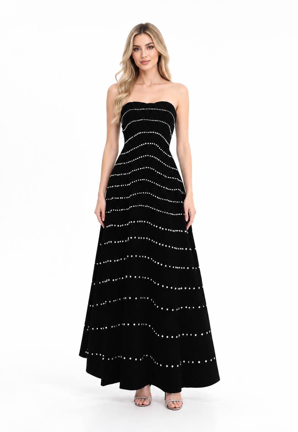 strapless velvet gown with pearl stripe embellishments – MARISEL