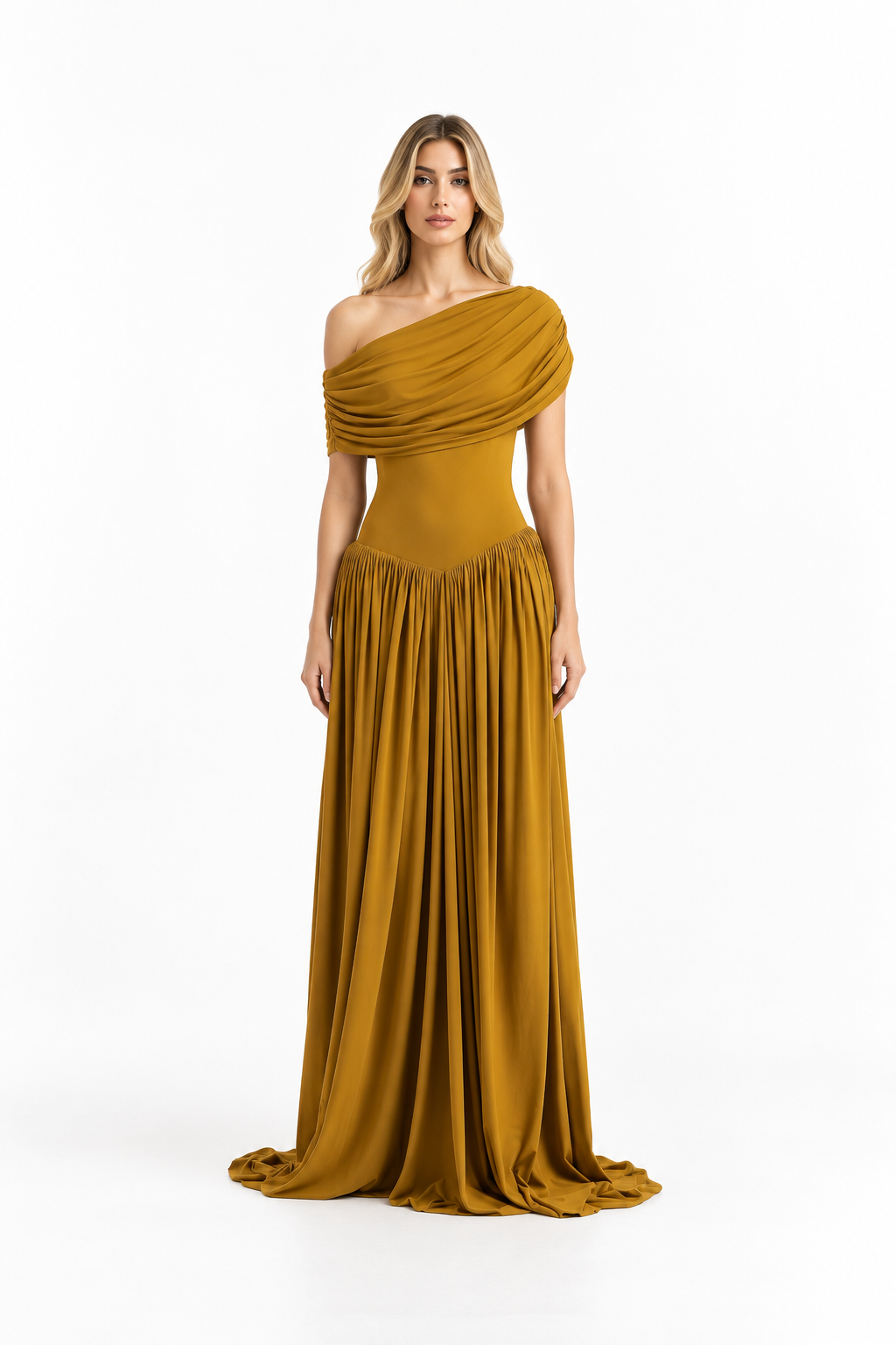 Off-shoulder draped gown with gathered skirt – MARIGOLD