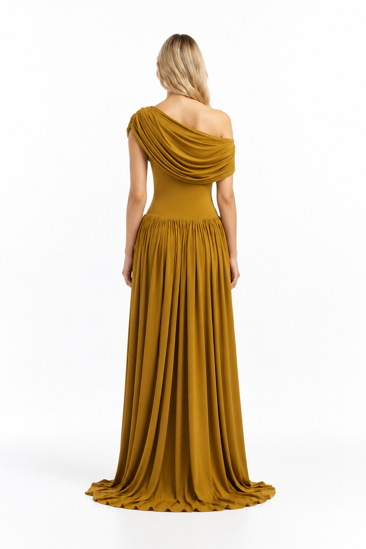 Off-shoulder draped gown with gathered skirt – MARIGOLD