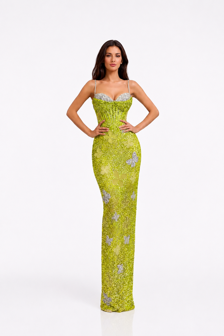 embellished corset maxi dress with floral appliqué – VERDÉA