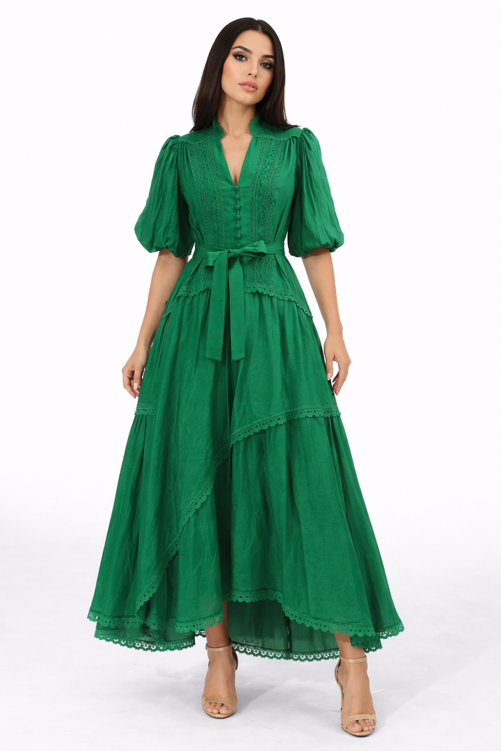 embroidered tiered maxi dress with waist tie – VERDANA