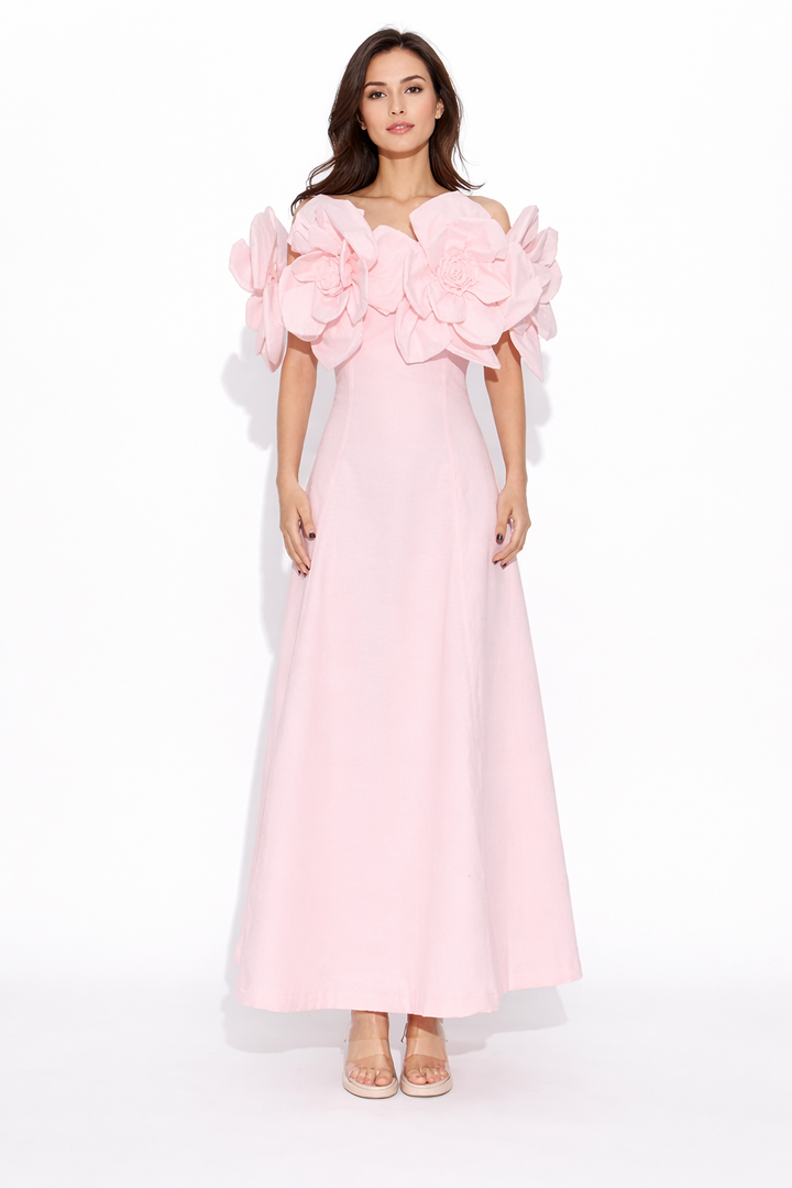 off-shoulder maxi dress with sculpted floral bodice – ROSÉA