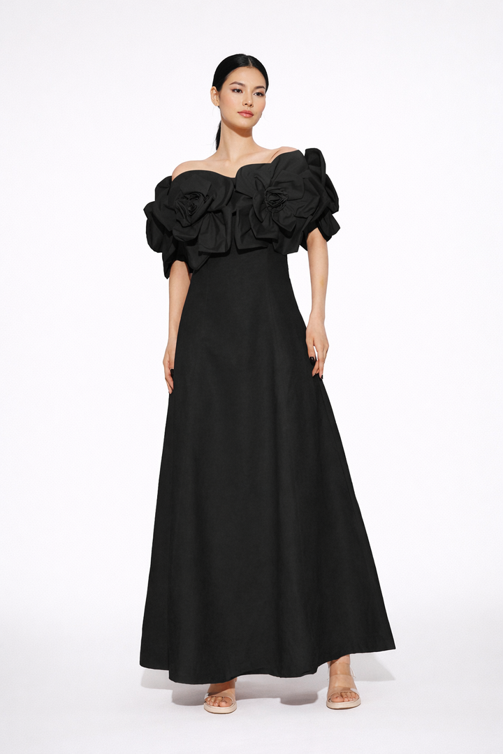 off-shoulder maxi dress with sculpted floral bodice – ROSÉA