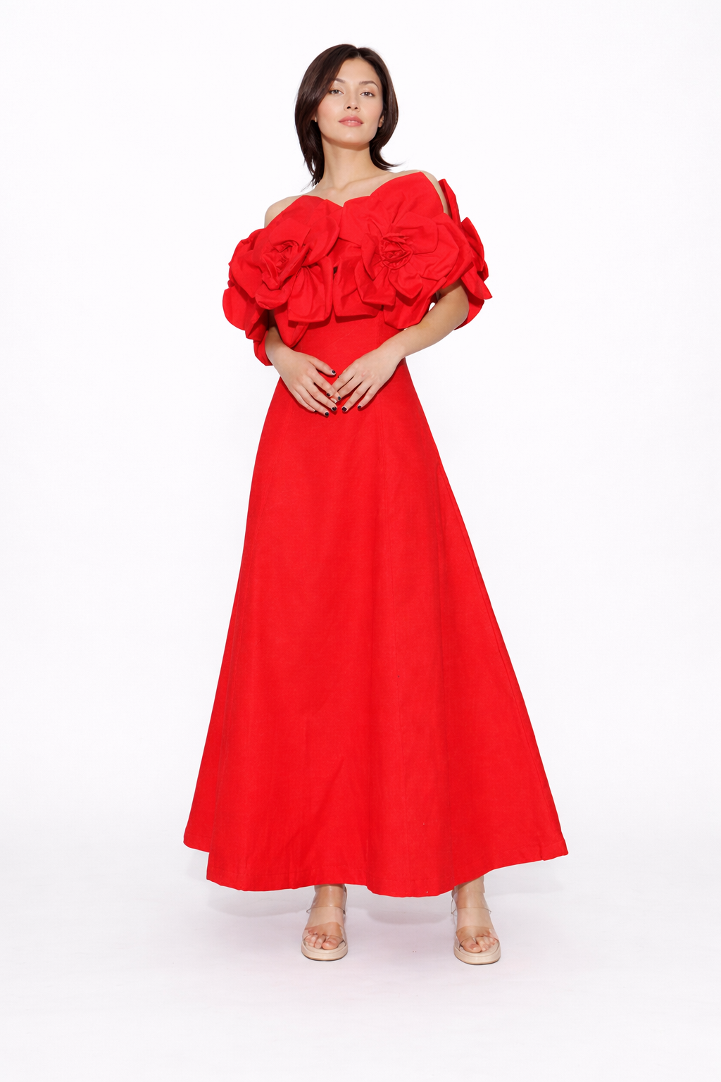 off-shoulder maxi dress with sculpted floral bodice – ROSÉA