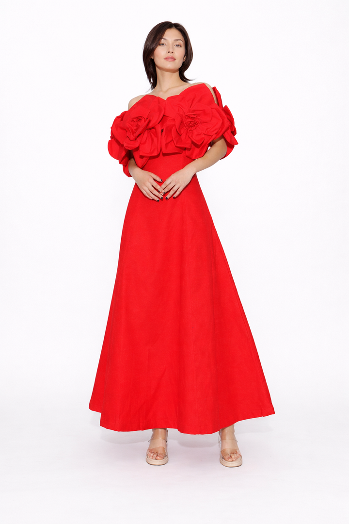 off-shoulder maxi dress with sculpted floral bodice – ROSÉA