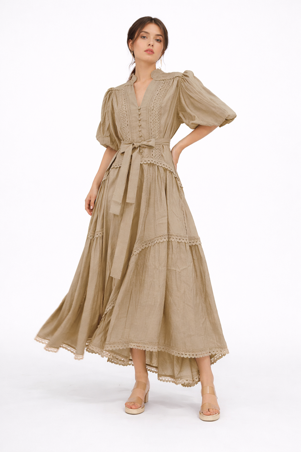 embroidered tiered maxi dress with waist tie – VERDANA