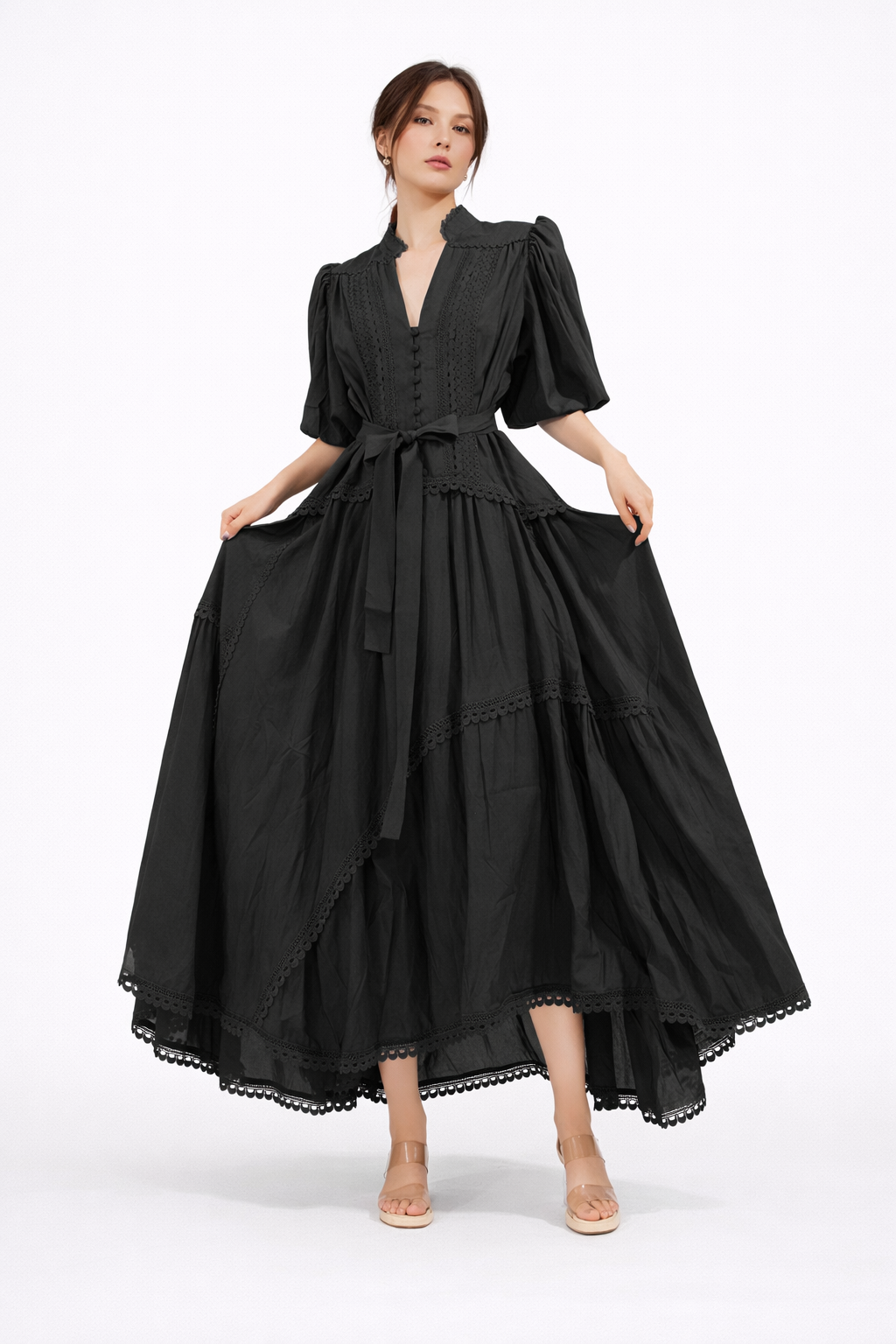 embroidered tiered maxi dress with waist tie – VERDANA