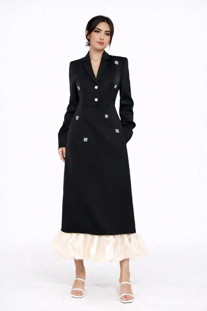 tailored midi dress with crystal accents and ruffled hem – ECLIPSE