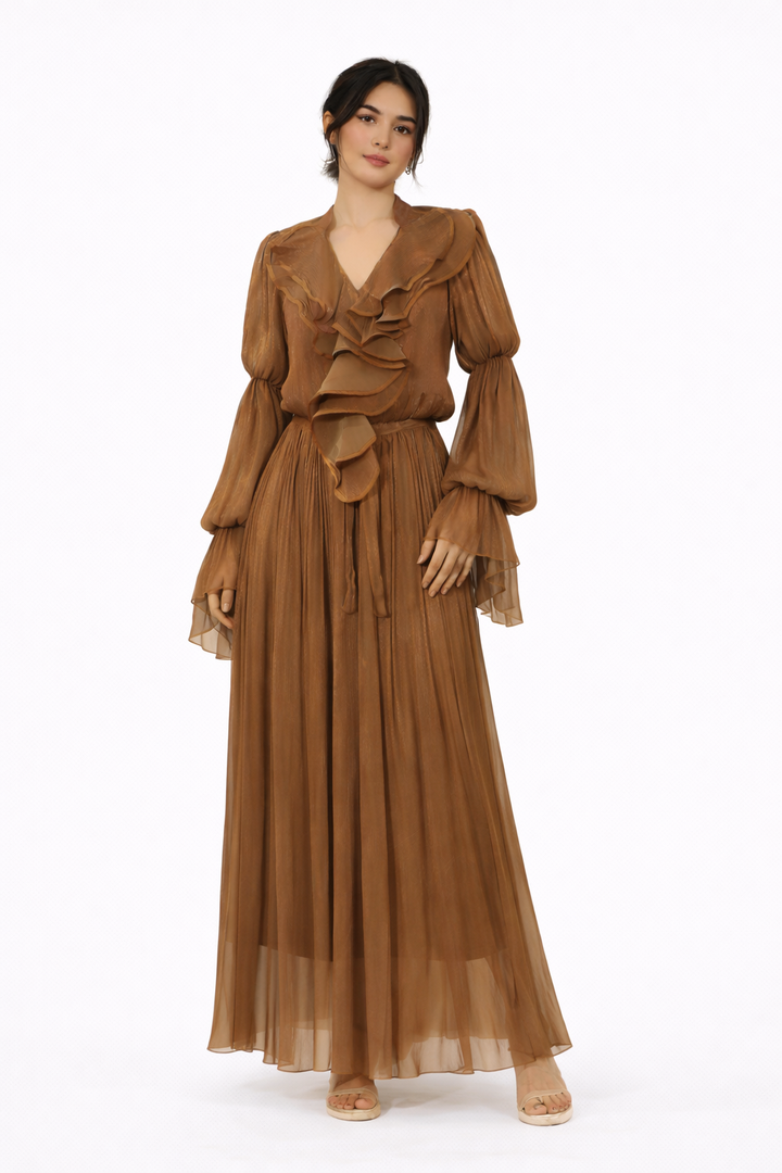 طقم مكون من بلوزة قصيرة وتنورة طويلة من الدانتيل الزهري - أزرق سماوي