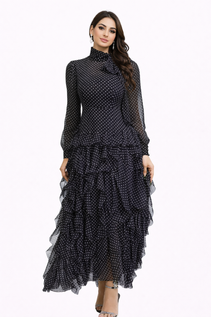 polka-dot chiffon maxi dress with tie-neck and tiered ruffles – ISOLDE