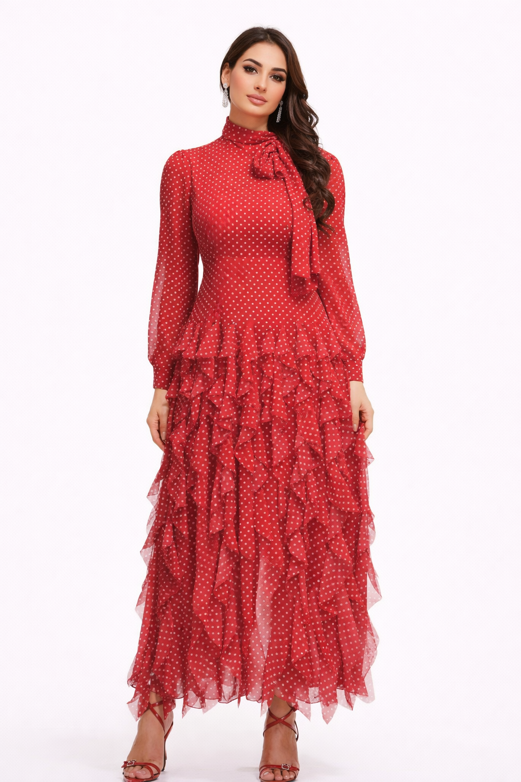 polka-dot chiffon maxi dress with tie-neck and tiered ruffles – ISOLDE