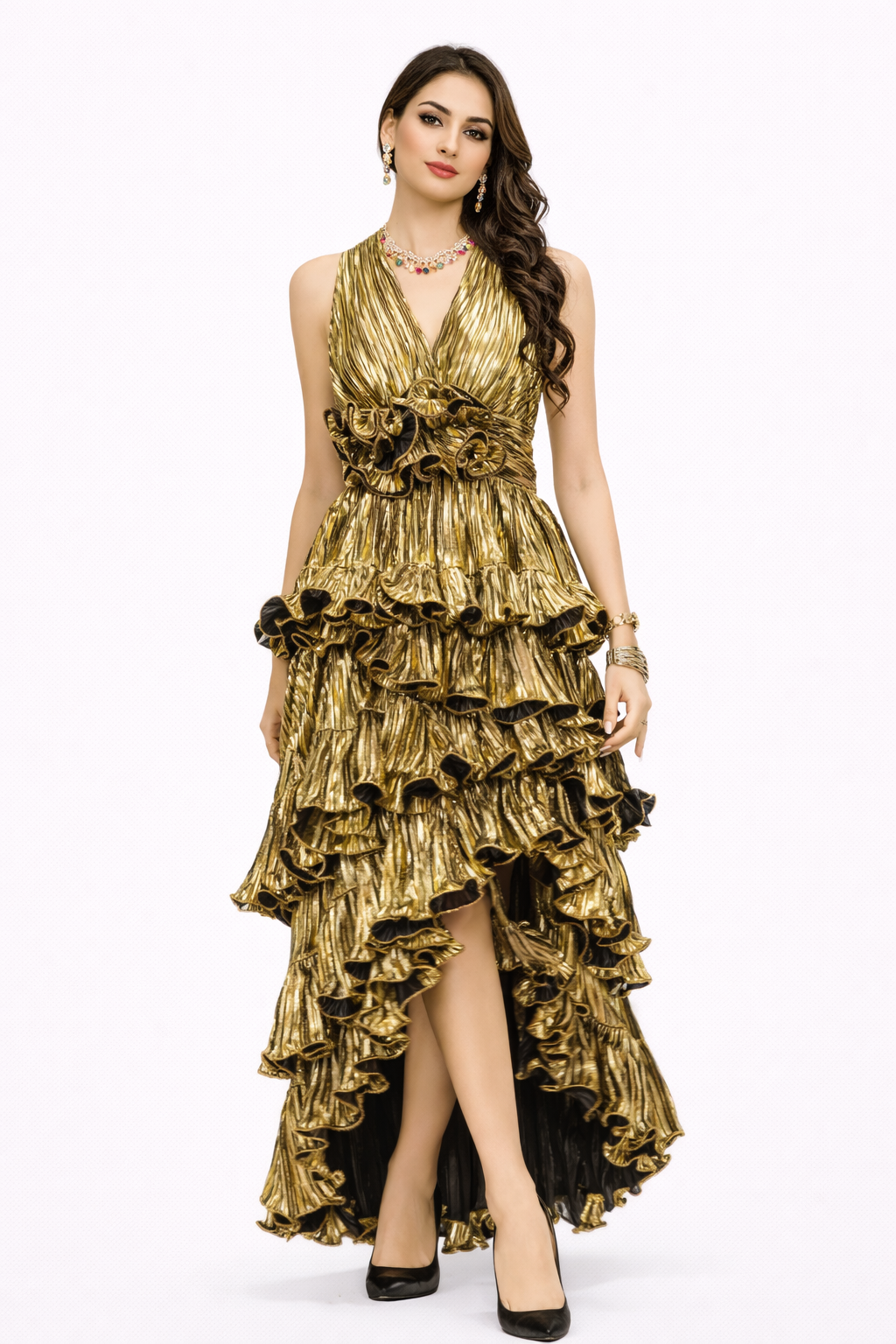 metallic pleated halter dress with tiered ruffles – DALSE