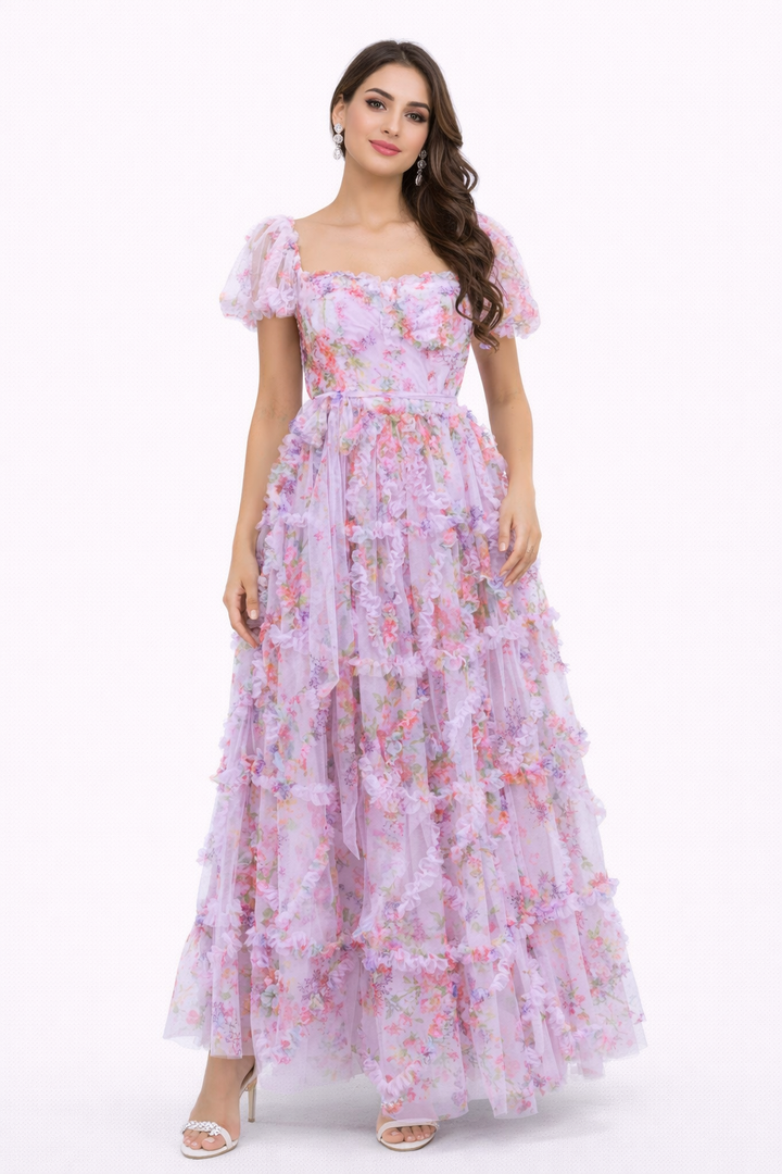 floral tulle midi dress with puff sleeves and waist tie – ELIORA
