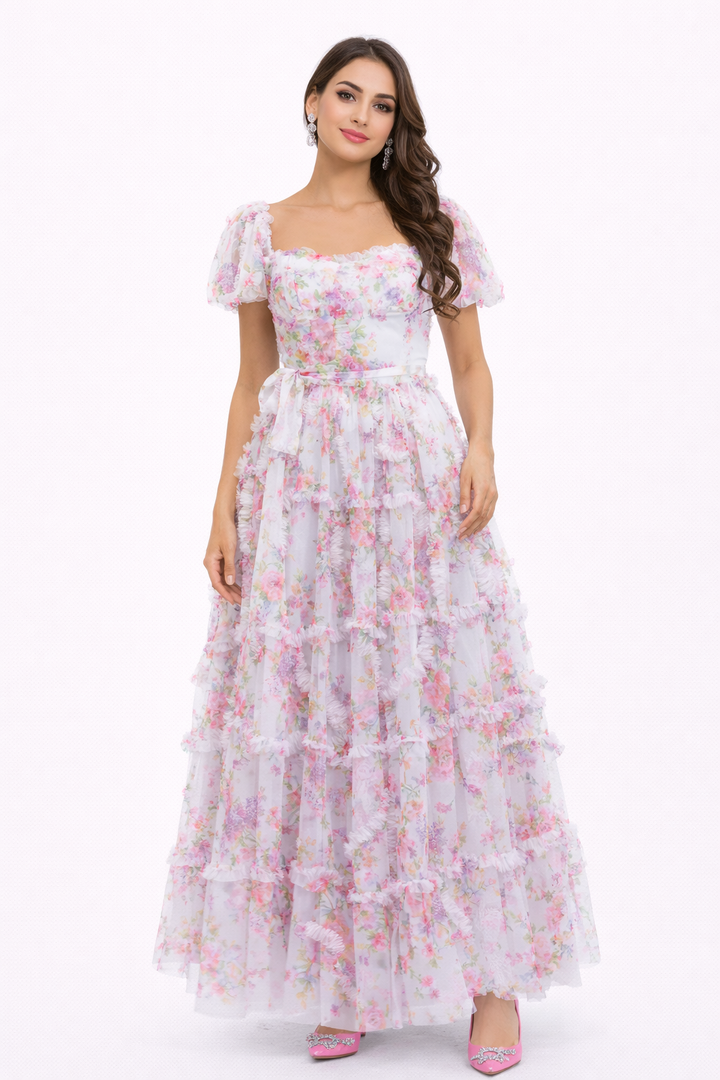 floral tulle midi dress with puff sleeves and waist tie – ELIORA