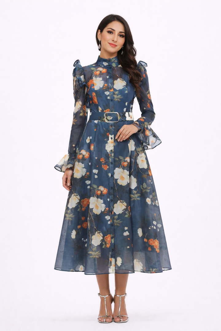 floral chiffon midi dress with puffed shoulders and belt – LEDILA