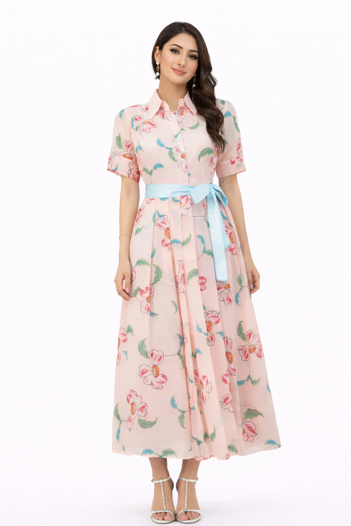 floral shirt maxi dress with contrast waist tie – BLOSSIA
