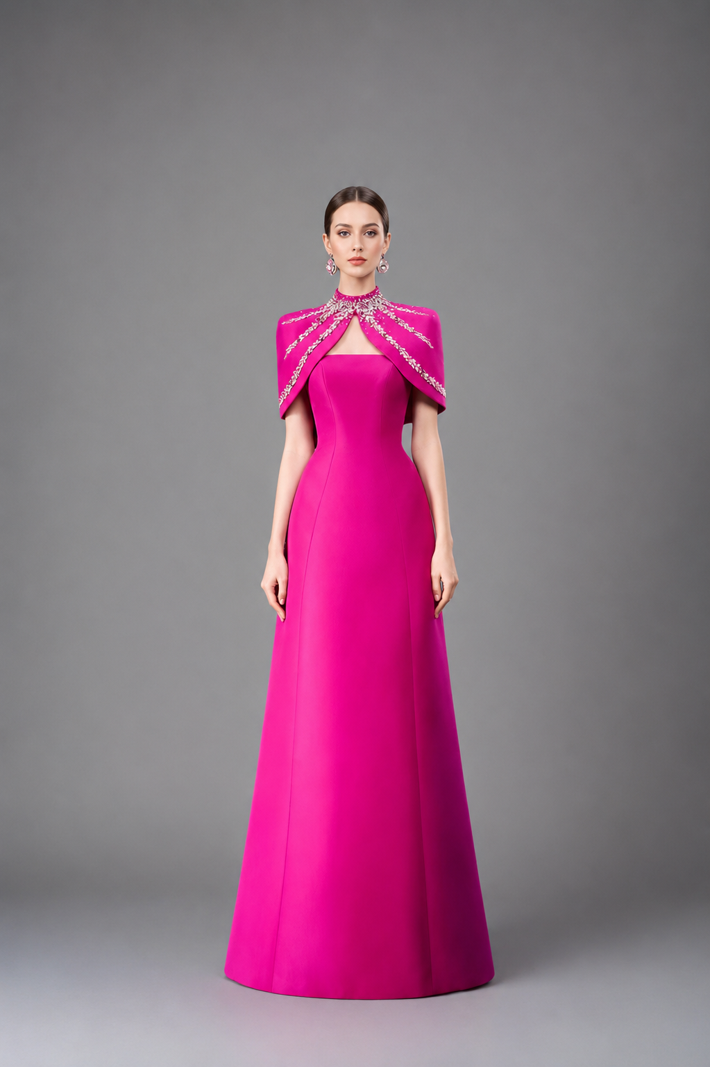 Strapless A-line dress with embellished shoulder cape - SERENA