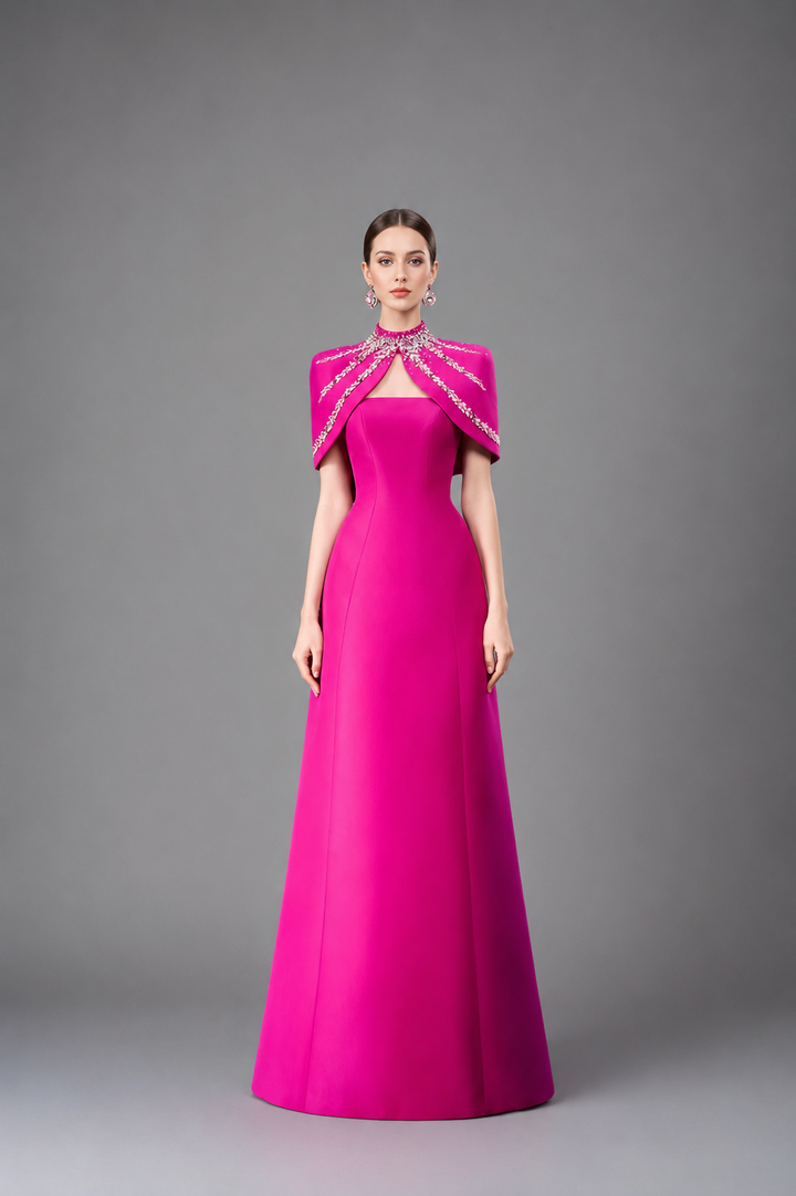 Strapless A-line dress with embellished shoulder cape - SERENA
